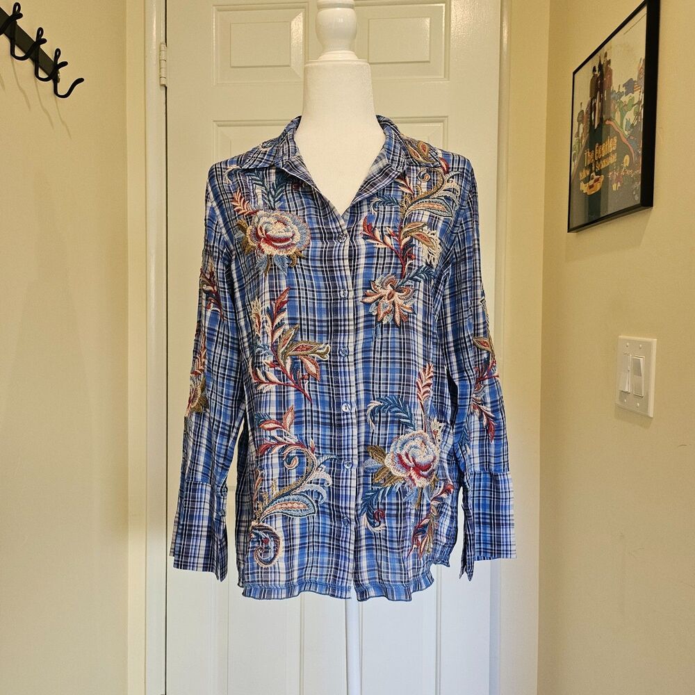 NWT Johnny Was Plaid Womens Shirt S Button Down Floral Embroidered 100% Silk - Picture 5 of 6